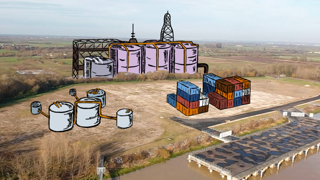 Une future usine dessinée sur un terrain vague.