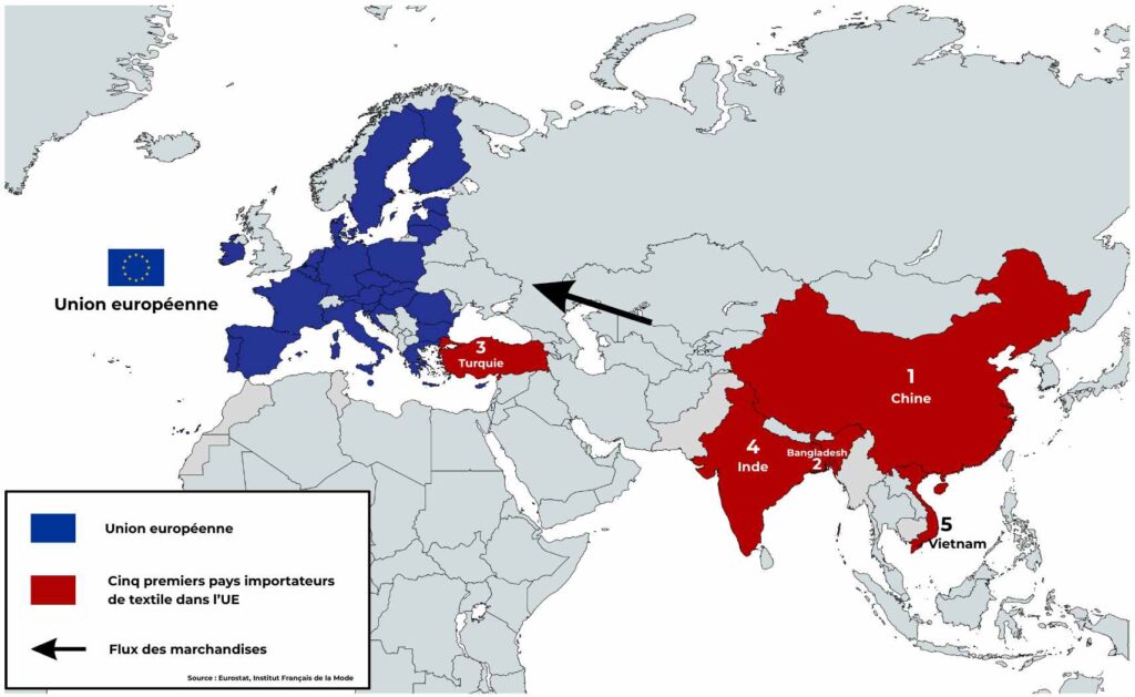 Une carte des pays importateurs de textile dans l'UE.
